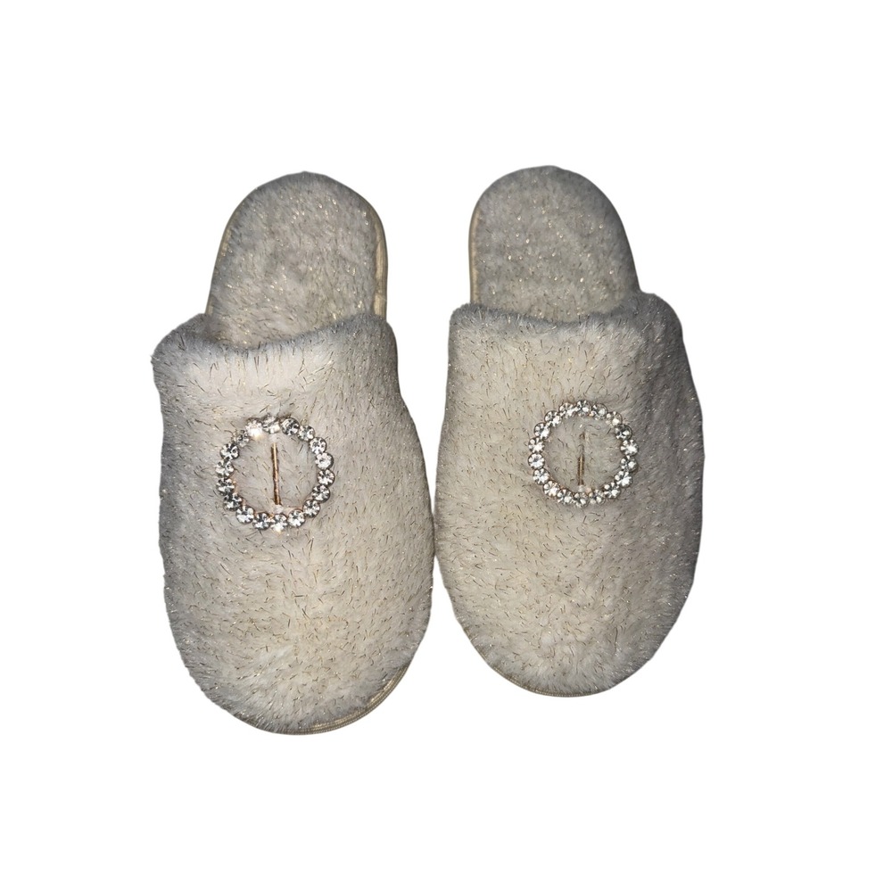 Sole Mates Womens Cream Fuzzy Slippers Rhinestone Buckle Large 9-10 New/Box